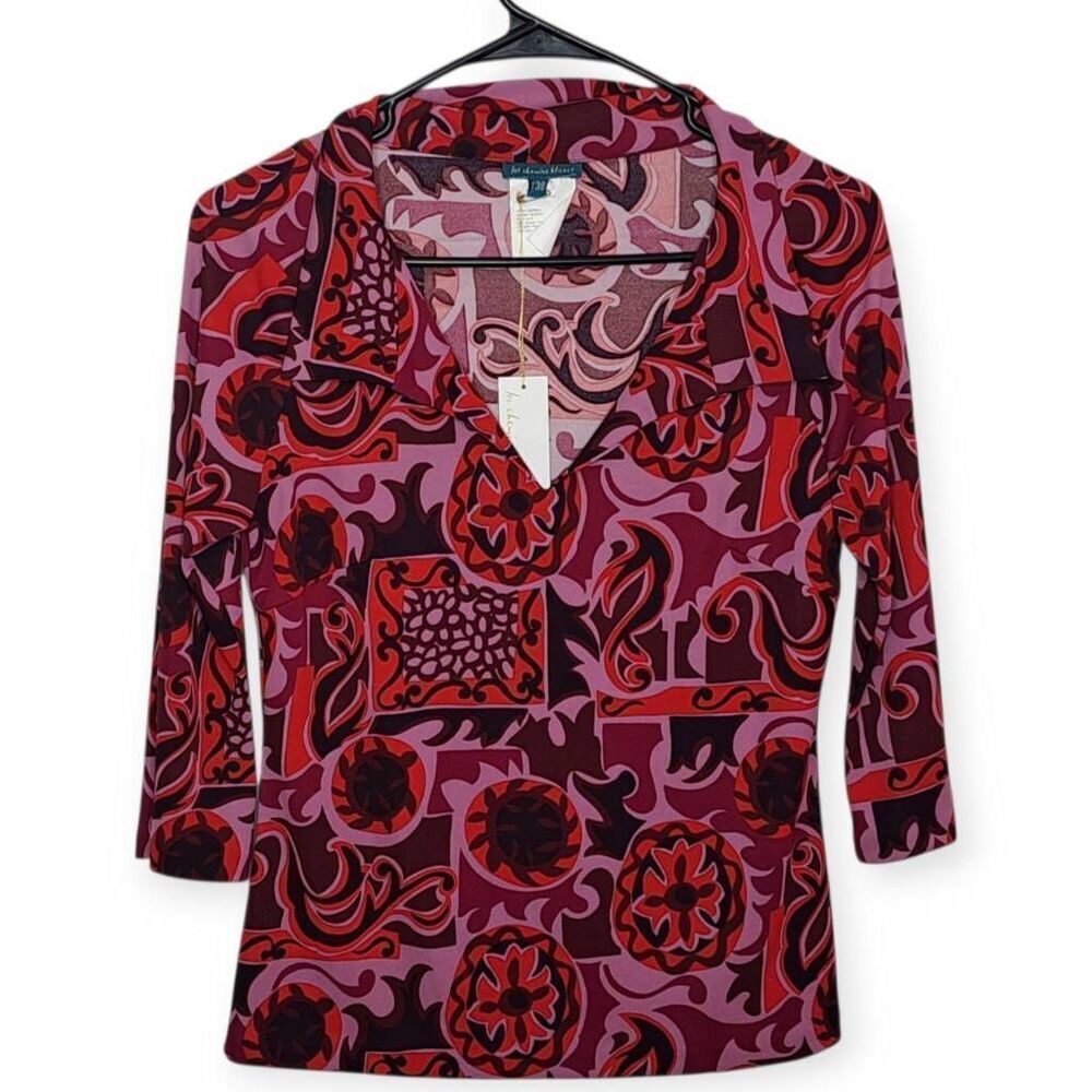 Le Chemins Blancs Women's Vintage Paisley V Neck Collared Blouse size T38/ 6 US